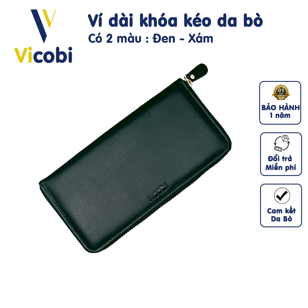 Ví dài kéo khóa Da Bò Vicobi, Bóp dài nam cầm tay đựng card và mọi giấy tờ cũ mới (hàng gia công Việt Nam)