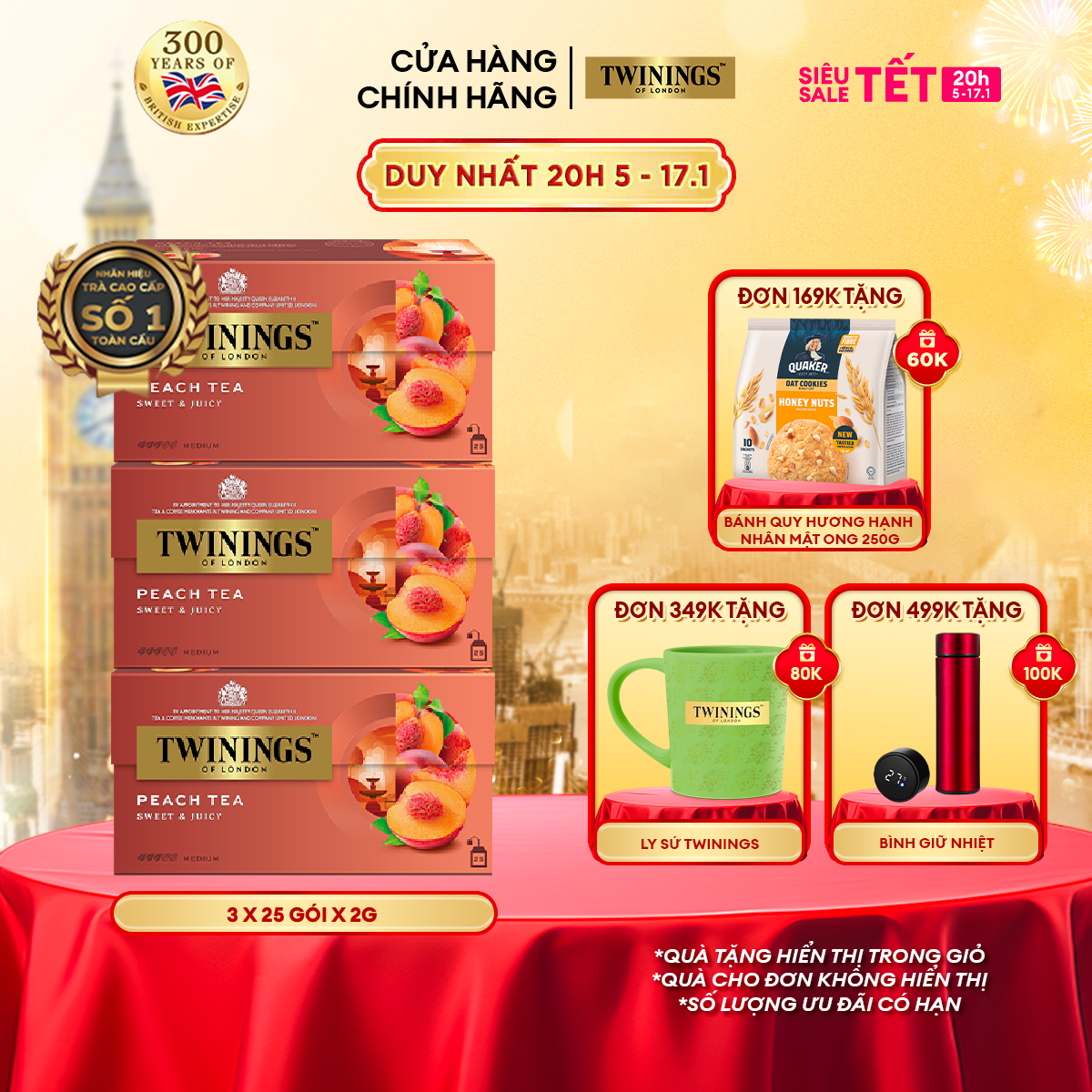 Combo 3 Trà Túi Lọc Vị Đào Twinings Peach Tea - Hộp 25 Gói 2G