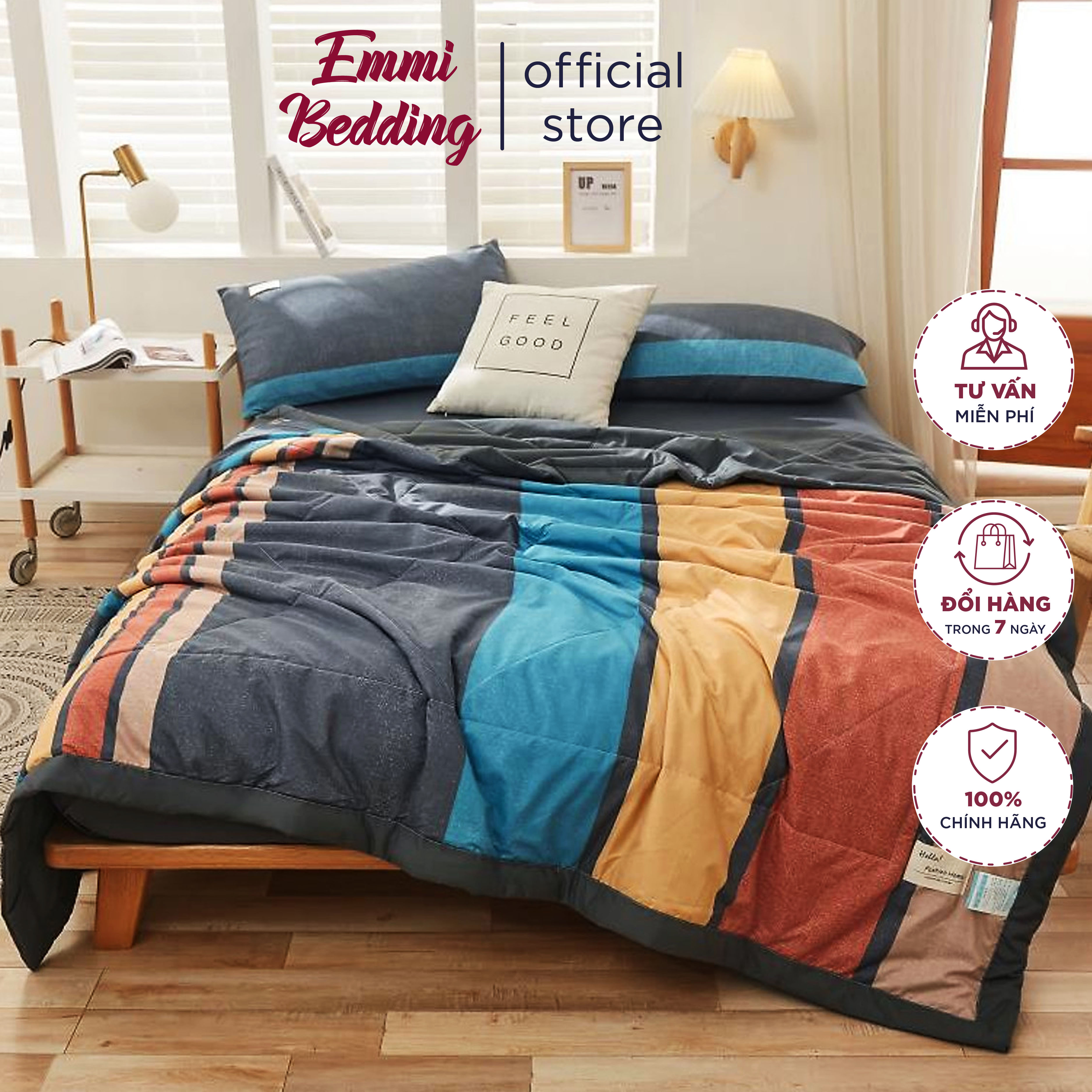Bộ chăn ga gối chăn trần set 4 món EMMI BEDDING kẻ sắc màu bắt mắt, ấm áp