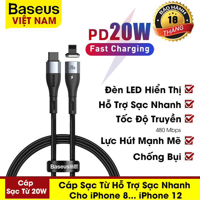 [BẢO HÀNH 12 THÁNG] Cáp sạc từ Baseus hỗ trợ sạc nhanh PD 20W cho iPhone 11 12 USB Type C to Lightning chuẩn PD hỗ trợ truyền dữ liệu 480mbps