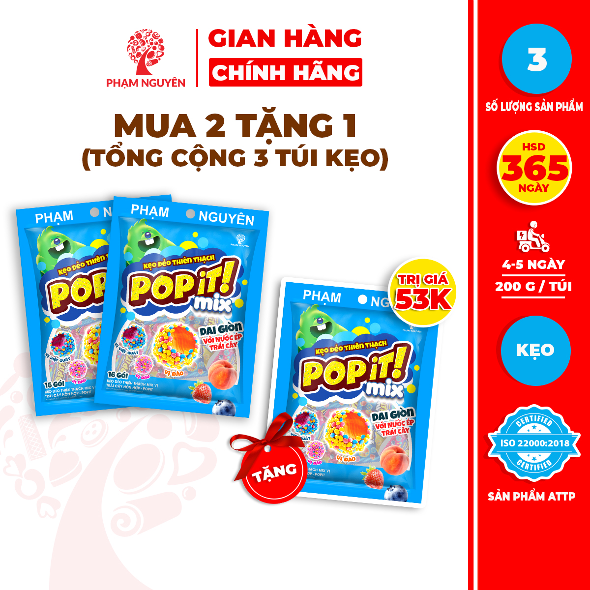 Combo 3 Túi Kẹo Dẻo Thiên Thạch Từ Nước Ép Trái Cây Thật Mix Vị Popit 200g | Kẹo Dẻo | Đồ Ăn Vặt