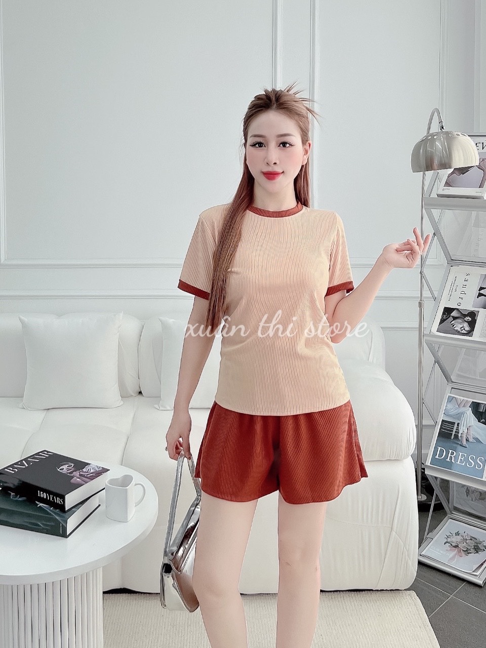 Set bộ đùi nữ chất thun gân tăm co giãn mặc nhà