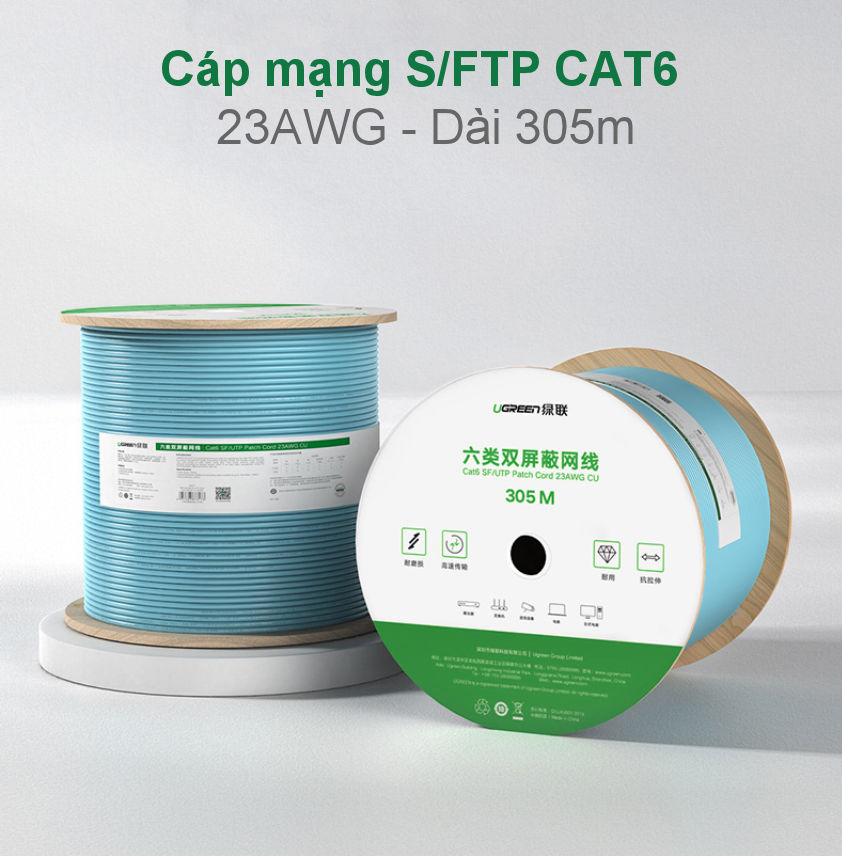 Cáp mạng S/FTP CAT6 cao cấp dài 305m màu xanh da trời UGREEN NW124 70317 Cáp mạng S/FTP CAT6 cao cấp dài 305m màu xanh da trời UGREEN NW124 70317