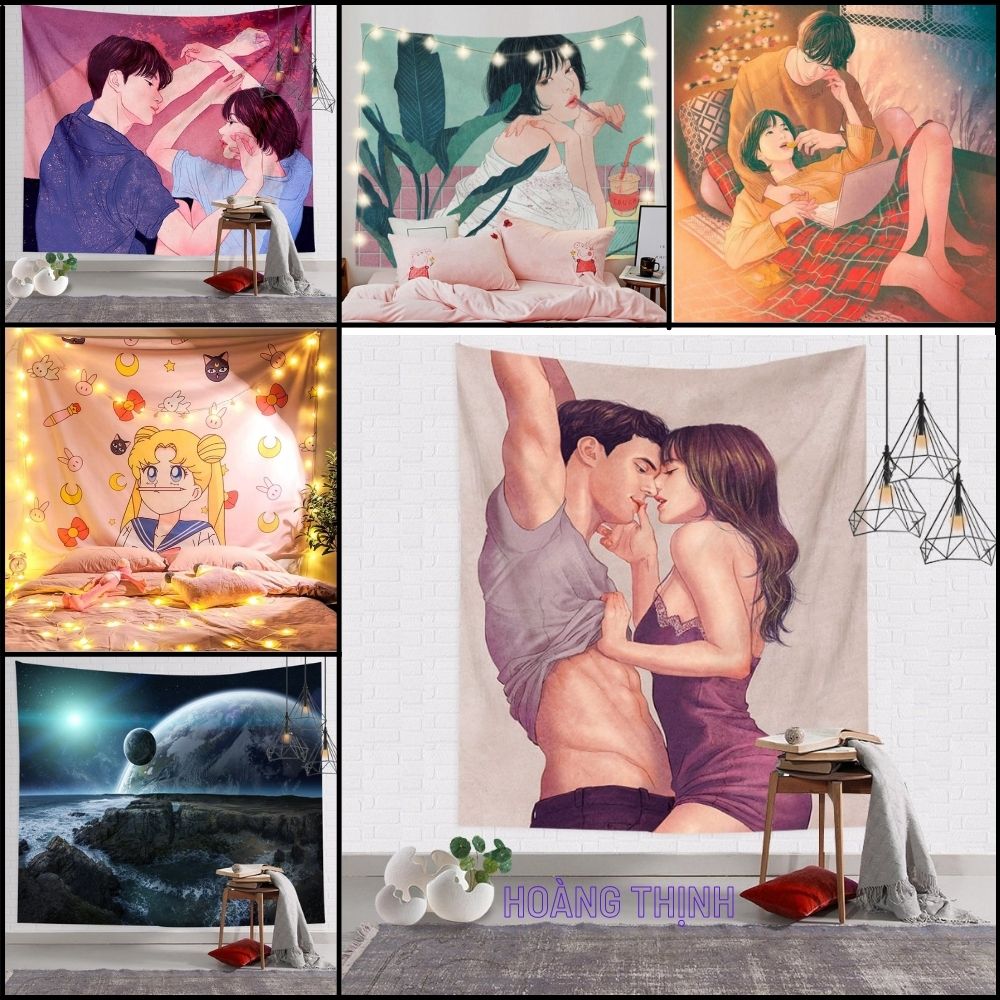 [TẶNG DÂY ĐÈN LED] thảm treo tường decor phòng ngủ, size 150x130cm phù hợp quay tik tok, livetream bán hàng