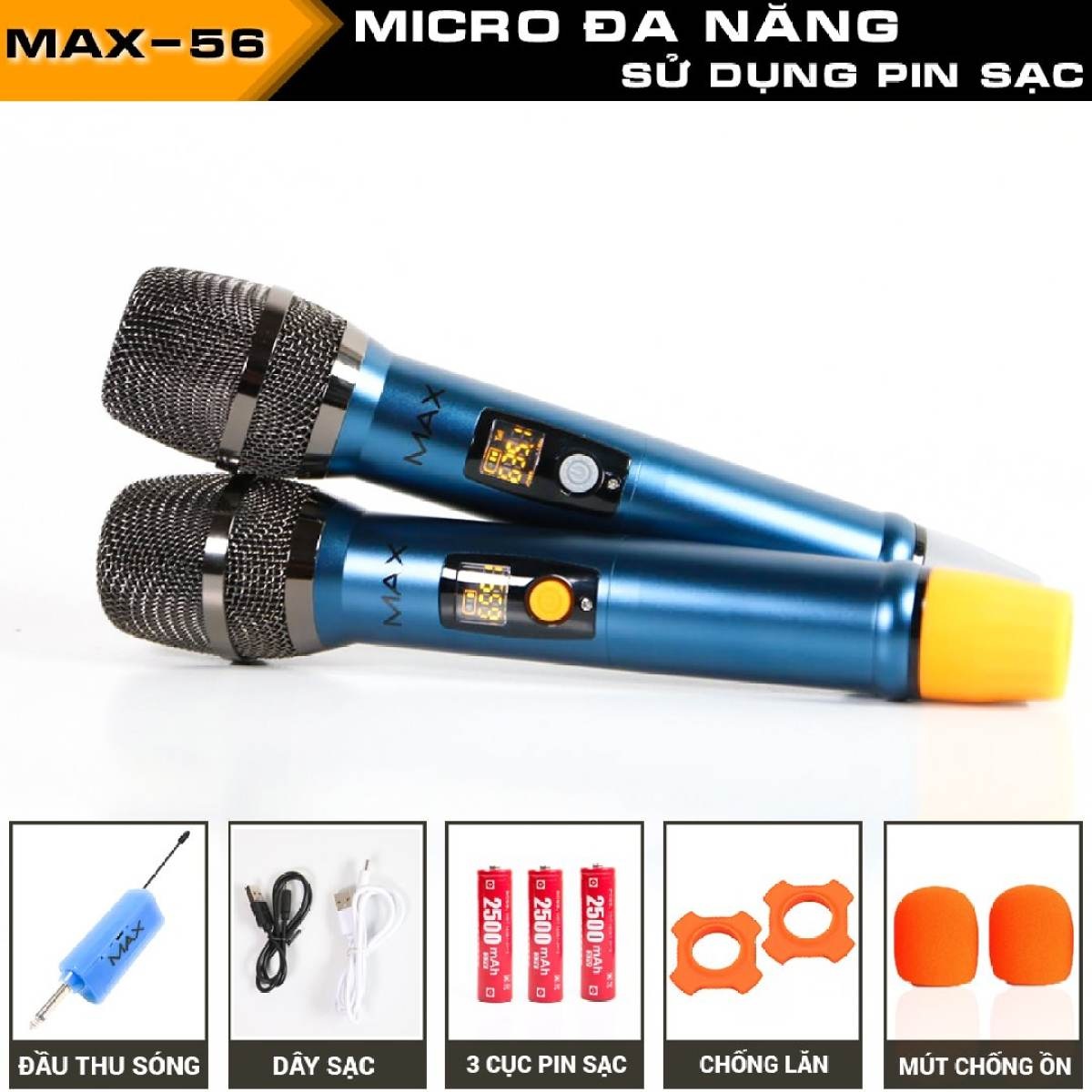 Combo Trọn Bộ Micro Không Dây Đa Năng Max 56 UHF 2 Mic Hút Âm Tốt, Chống Hú Hiệu Quả, Sạc Pin Ngay Trên Mic, Sử Dụng Pin Sạc Dung Lượng Cao, Màn Hình LCD Hiển Thị - Bảo Hành 12 Tháng