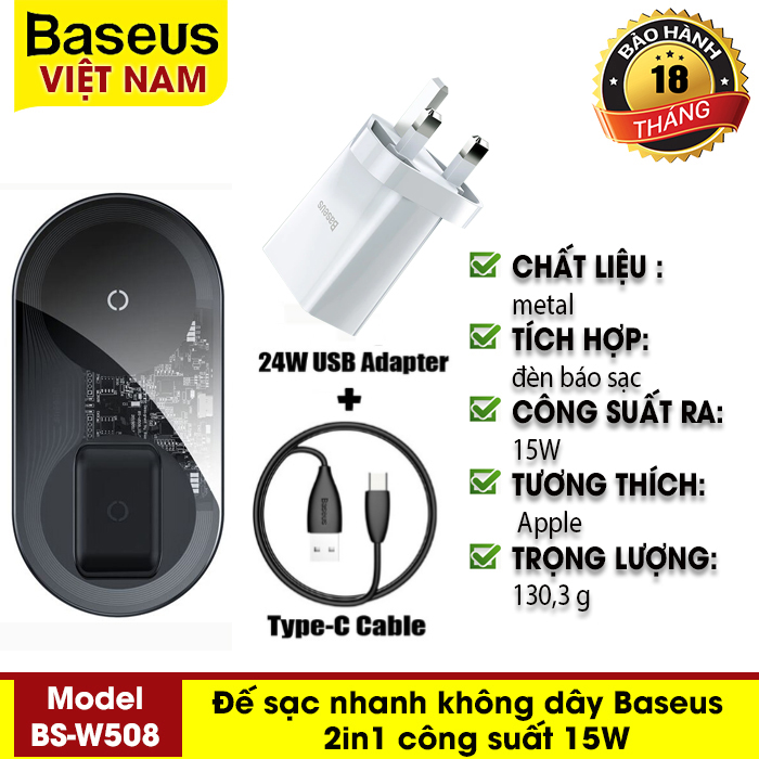 [BẢO HÀNH 12 THÁNG] Đế sạc nhanh không dây Baseus 2in1 công suất 15W, sạc 2 thiết bị cùng lúc cho Iphone, Samsung, Huawei và Airpods, kèm củ sạc 24W và cáp sạc Type-C