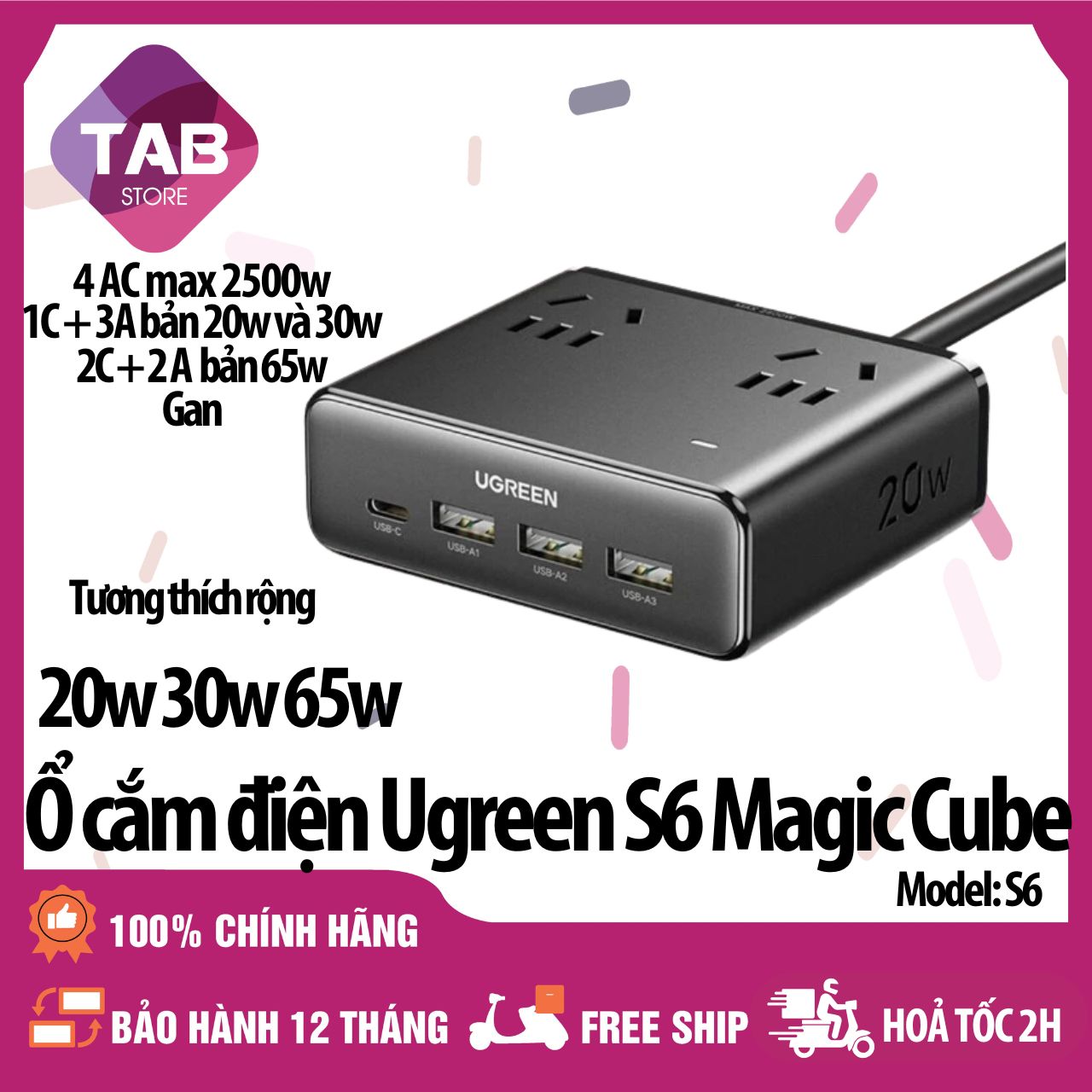 Trạm Sạc Ugreen S6 Magic Cube 20w 30w 65w 2500w 8 in 1 (1C+3A+4AC hoặc 2C+2A+4AC) - Bảo Hành 12 Tháng