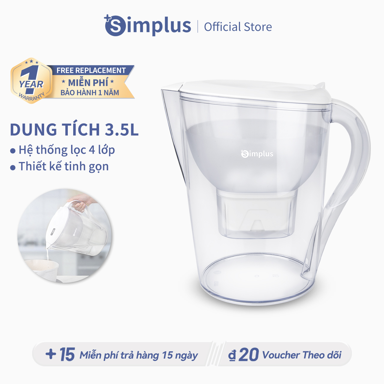 Simplus Bình Lọc Nước Dung Tích Lớn 3.5L Lọc sạch cặn bẩn và tạp chất, lõi lọc chất lượng