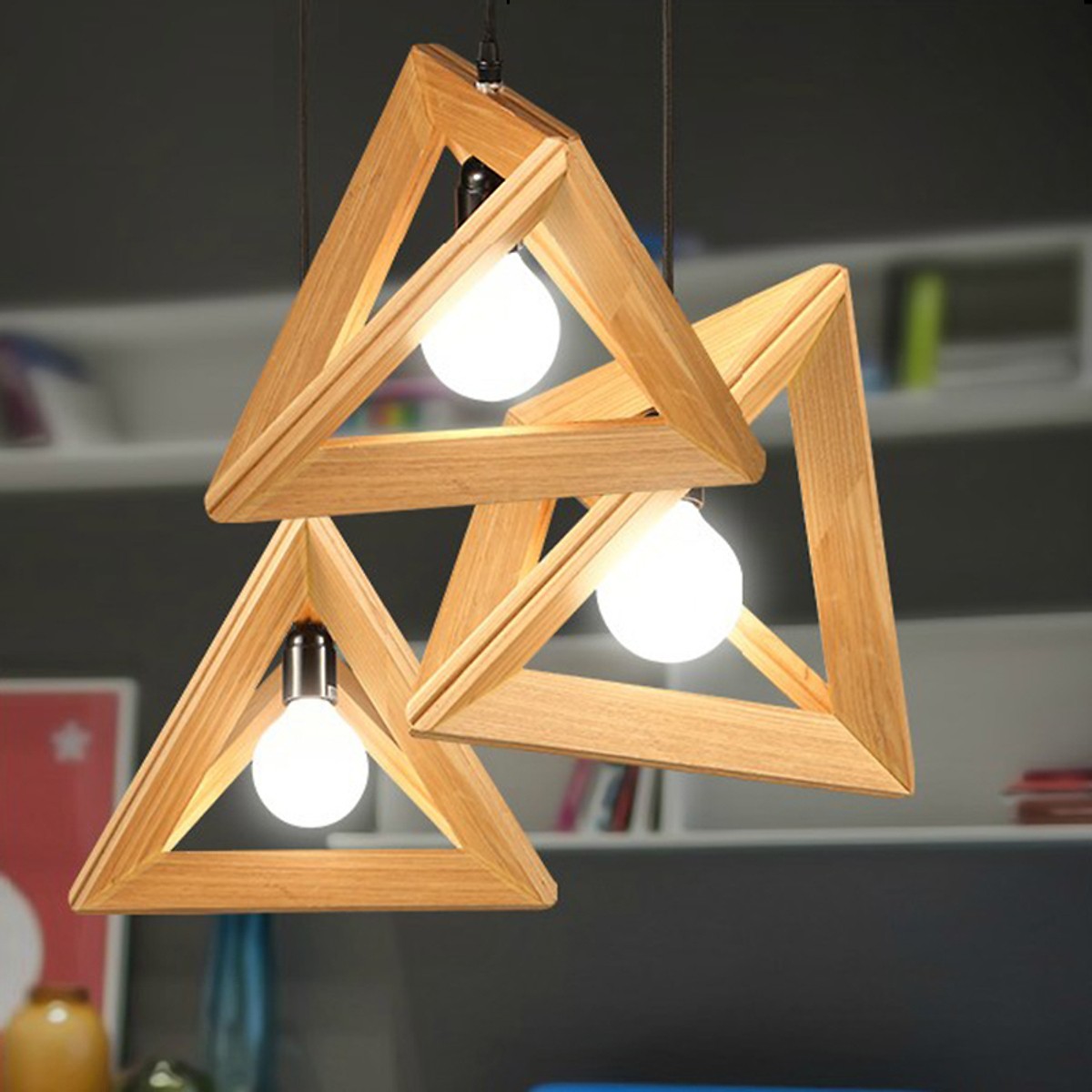 Đèn Thả Tam Giác Gỗ Ba Chiều Trang Trí Độc Đáo - Tặng kèm bóng led edison