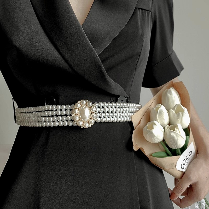 20 mẫu Đai váy Belt chun co giãn Hạt kết hạt ngọc trắng bản to