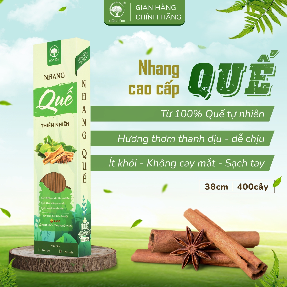 Nhang Quế Thiên Nhiên MỘC LÂM 38cm 400 cây, Nhang Sạch, Ít Khói, Hương Thơm Thanh Dịu Tự Nhiên
