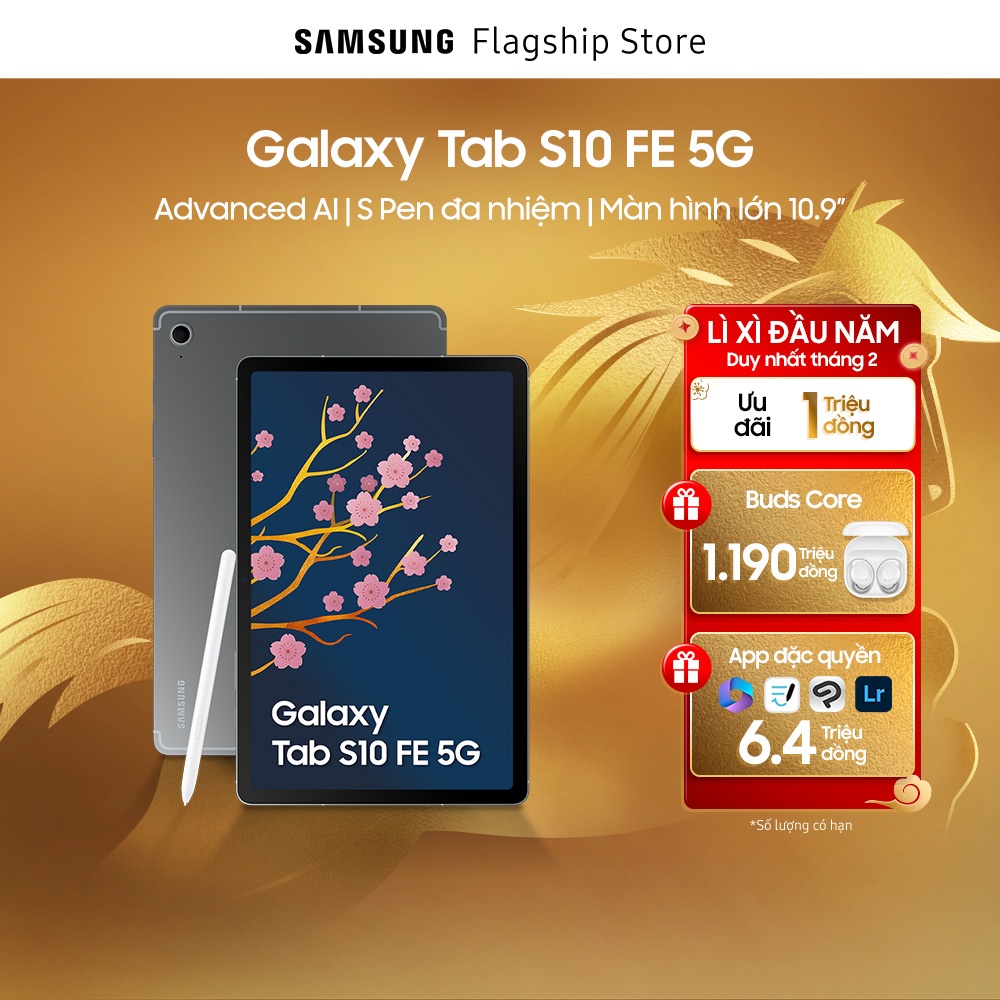 [Mega Sale 11.11 - from 8Pm 10.11][Combo Buds Core] Samsung Galaxy Tab S10 Fe 5g Tablet (8Gb/128Gb), Advanced Ai, Multi-Tasking S Pen, 13.1-Inch Large Screen Giá 14,990,000 Đồng*Miễn phí vận chuyển