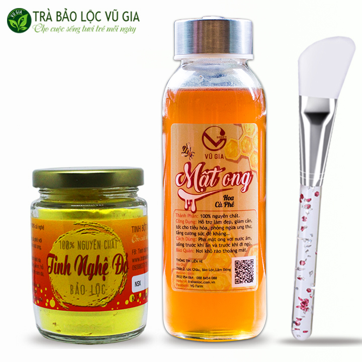 ̉Combo Mật Ong Hoa Cà Phê 420g + Tinh Nghệ Đỏ 100g - Nguyên Chất Bảo Lộc Vũ Gia + Tặng Cọ Quét Mặt Nạ Silicon Cao Cấp - Hỗ trợ dạ dày, tiêu hóa, làm đẹp, dưỡng da xóa mờ tàn nhang thâm nám - Đã được kiểm nghiệm y tế