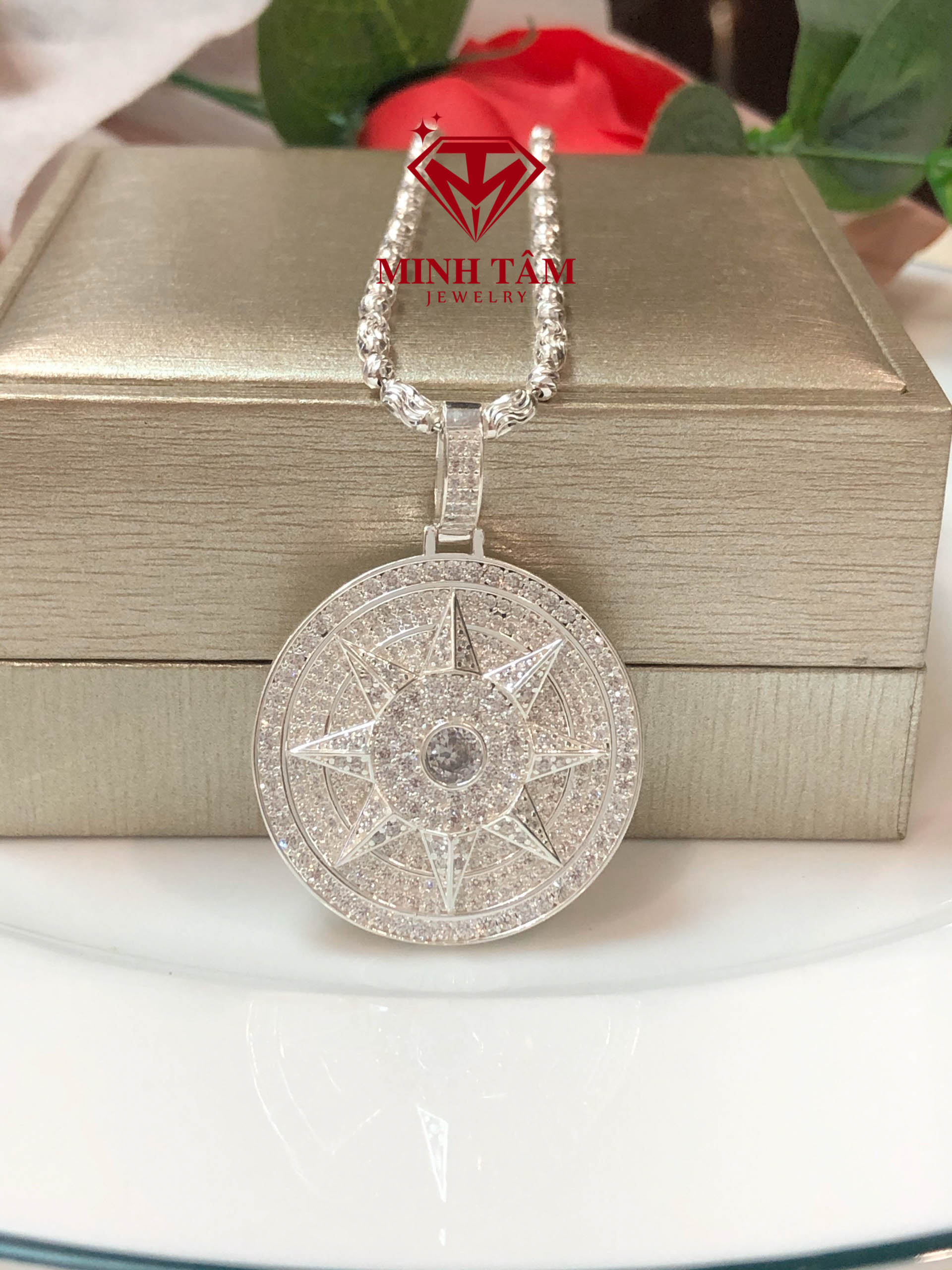 Mặt dây chuyền mặt trười phương đông bạc ta cho nam,Mặt dây chuyền nam bạc mặt trời phương đông nạm đá-Minh Tâm Jewelry