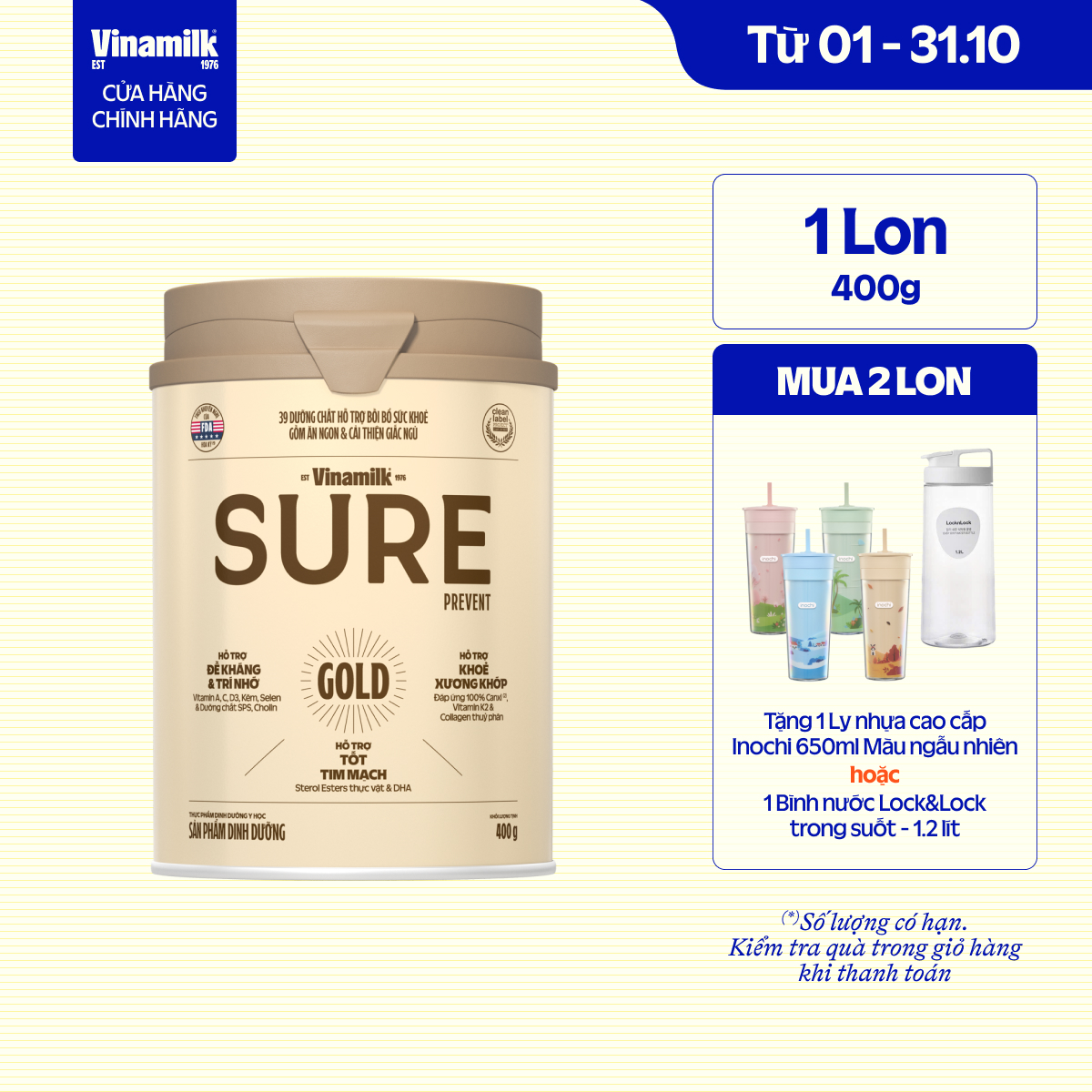 [Có thể nhận Bao bì Cũ/Mới] Hộp Sữa bột cho người lớn tuổi Vinamilk Sure Prevent Gold Hộp thiếc 400g - Sữa bổ sung dinh dưỡng và tăng cường sức khỏe