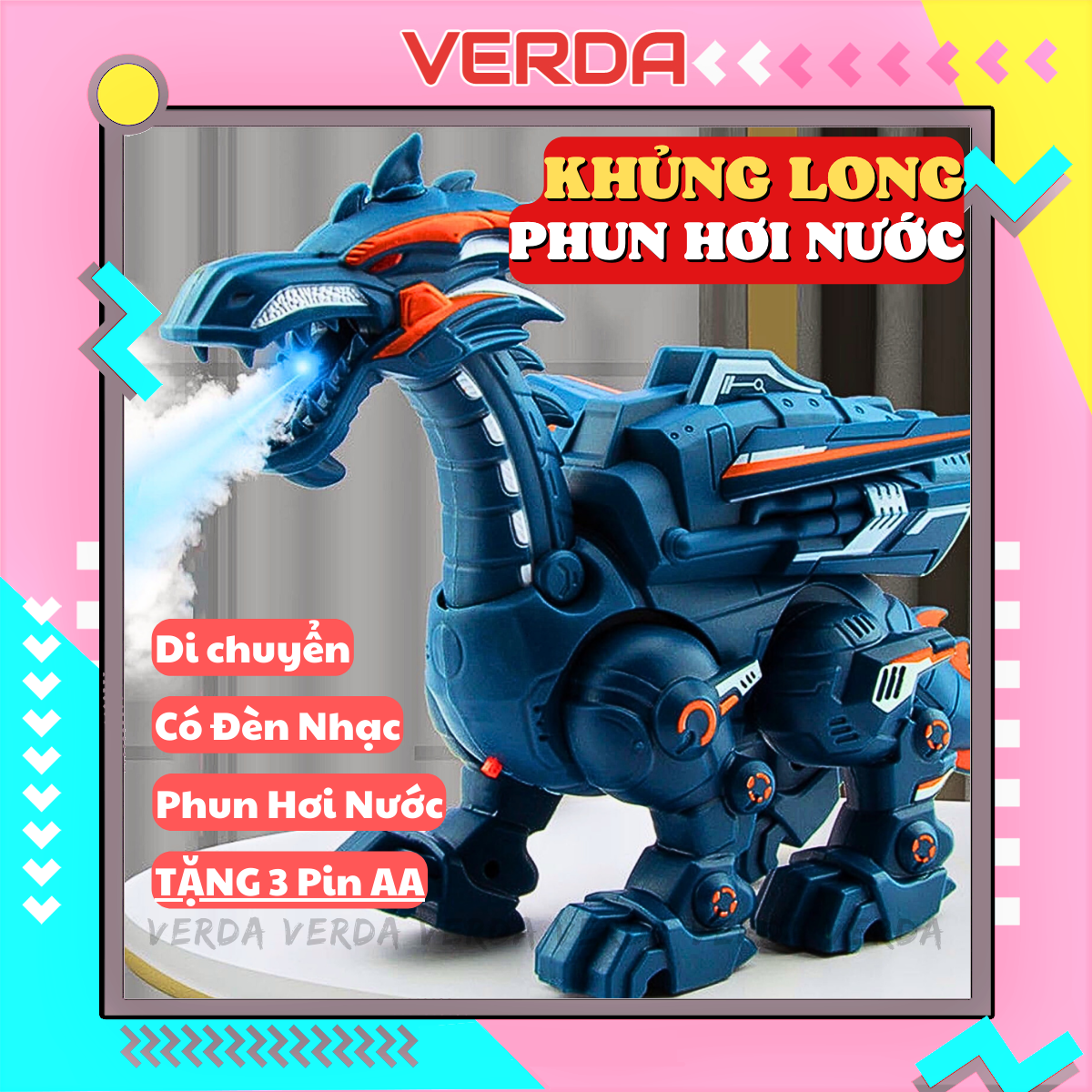 Khủng long đồ chơi robot biến hình to, phun khói lửa sương nước có cánh rô bốt biết đi nhạc bé trẻ em VERDA