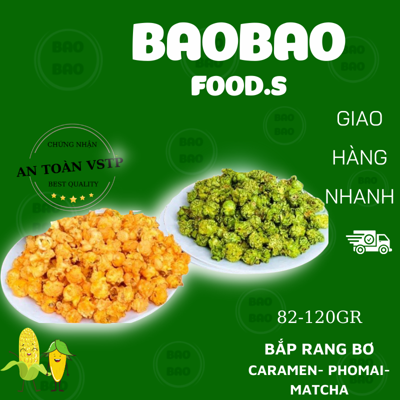 Bắp rang bơ caramel 3 vị,- bỏng ngô mỹ - vị matcha- phomai -Đồ Ăn vặt baobao