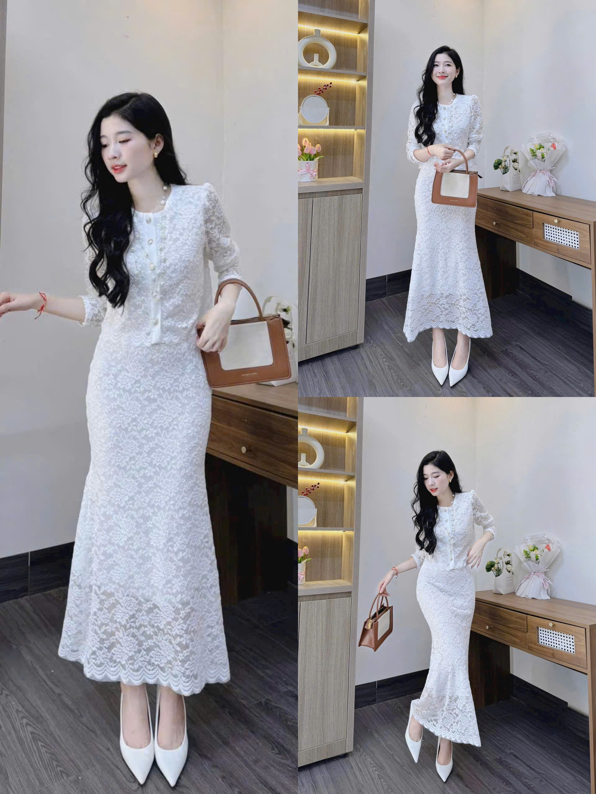  Set váy ren cao cấp đuôi cá dáng dài tôn dáng chuẩn fom cổ tròn dài tay tone màu trắng sang trọng trẻ trung 