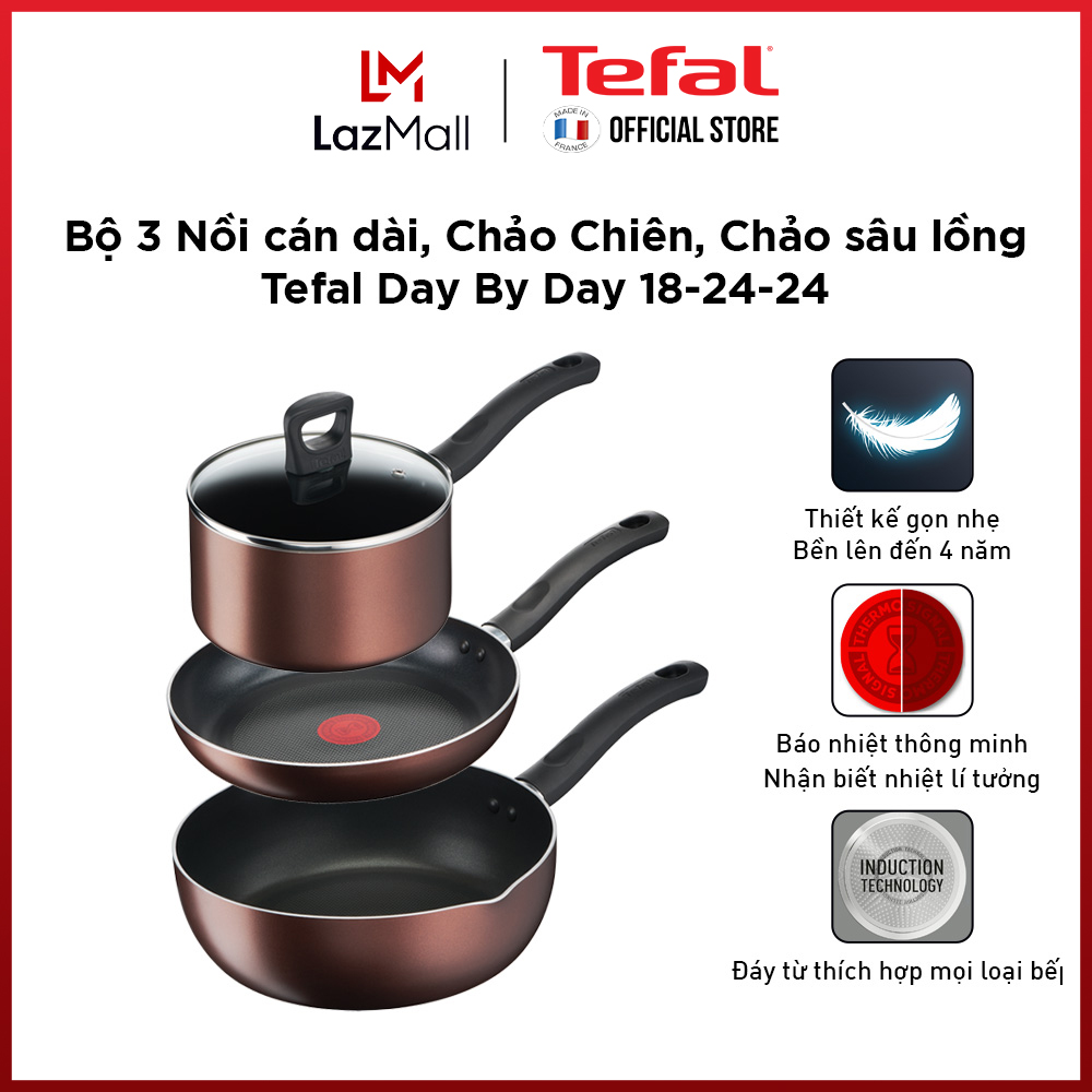 Bộ 3 Nồi,Chảo chống dính đáy từ cao cấp Tefal Day By Day - Hàng chính hãng