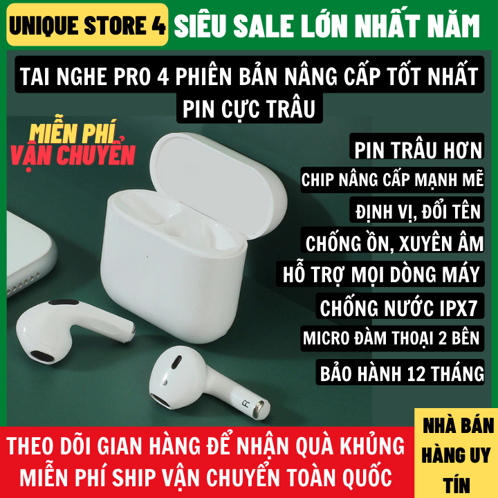Tai Nghe Bluetooth Pro 4 Không Dây Bản Nâng Cấp Chip Mạnh Mẽ Nghe Siêu Hay, Chống Nước IPX7, Thiết Kế Nhỏ Gọn Hỗ Trợ Mọi Dòng Máy Micro Đàm Thoại 2 Bên Chống Nước, tai nghe, tai nghe bluetooth, tai nghe không dây