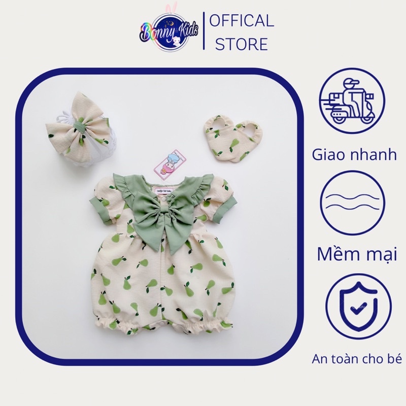 Bodysuit bé gái quả lê xanh cho bé sơ sinh 0-12 tháng kèm băng đô, váy sơ sinh, bodychip đầy tháng, bodysuit sơ sinh