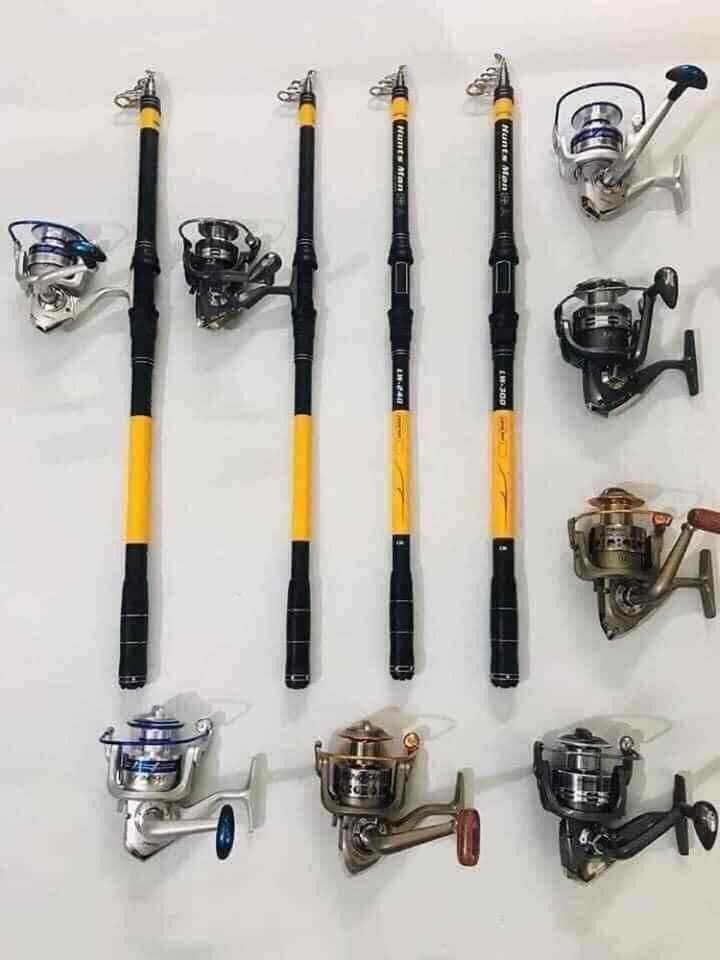 combo cần hunts man + máy câu cối kim loại yumoshi