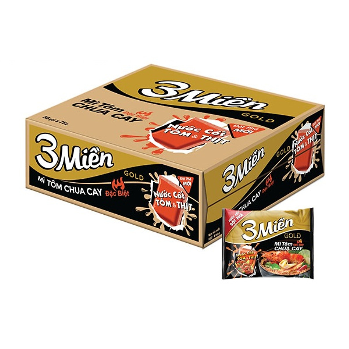 Thùng Mì 3 Miền Gold Tôm Chua Cay Đặc Biệt 30 gói x 75g