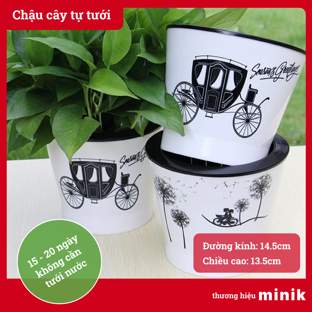 Chậu trồng cây tự dưỡng MINIK, màu trắng có hình xe đạp, chậu tự tưới thông minh, 7 - 14 ngày không cần tưới cây, kích thước đường kính 17cm, và cao 12cm