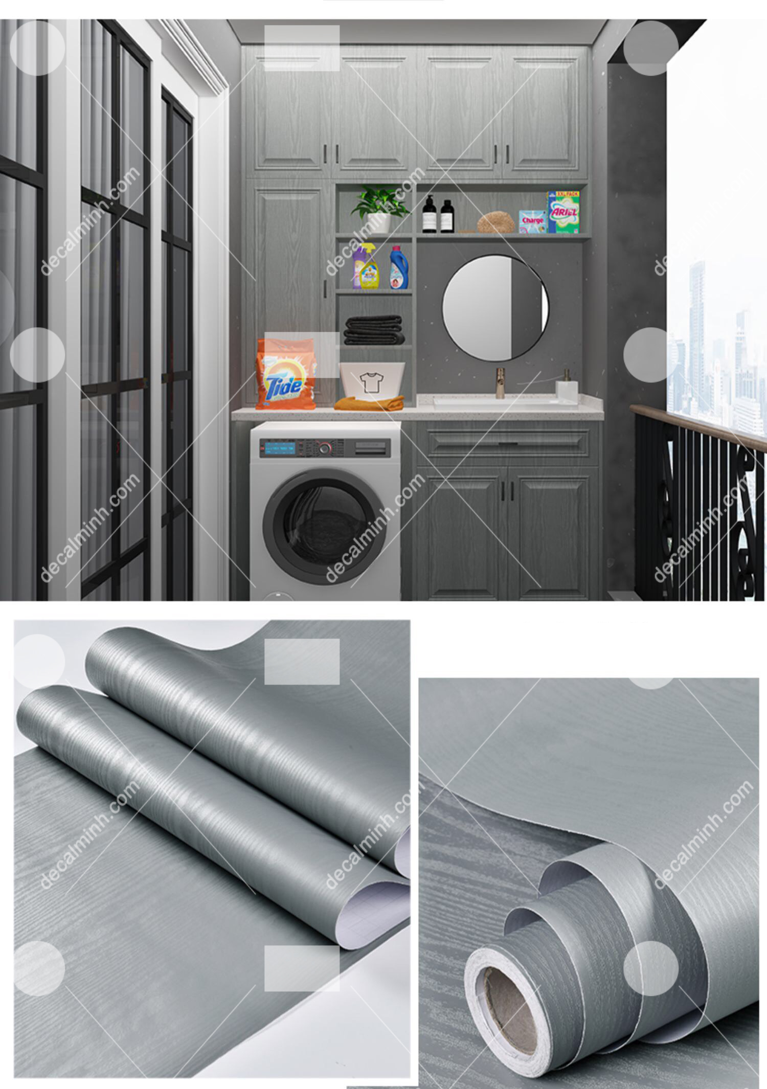 Decal dán tường dán tủ giả vân gỗ màu xám