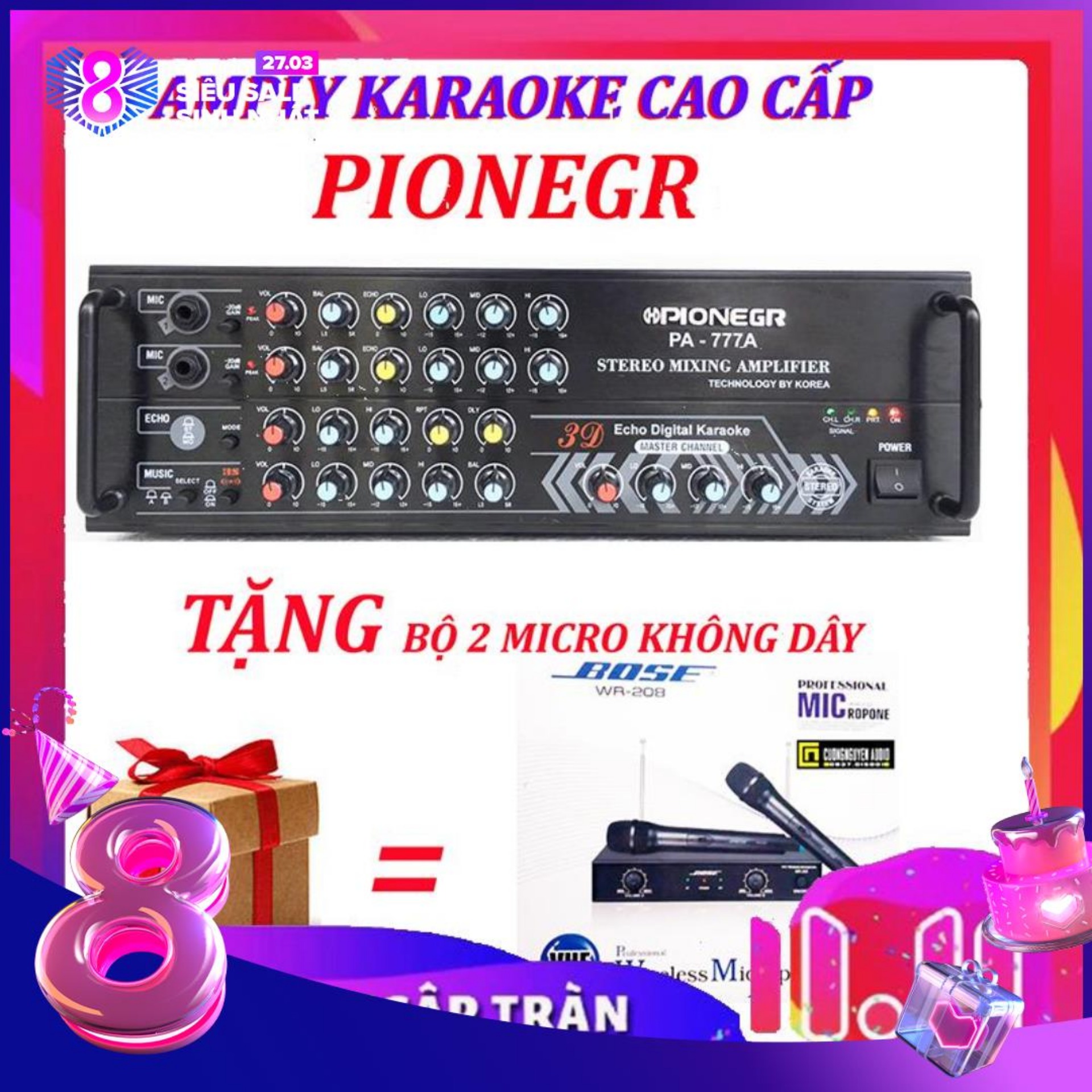 Ampli karaoke Amply karaoke nghe nhạc gia đình PIONEGR 777A  karaoke cực hay và bộ 2 micro không dây bs 208