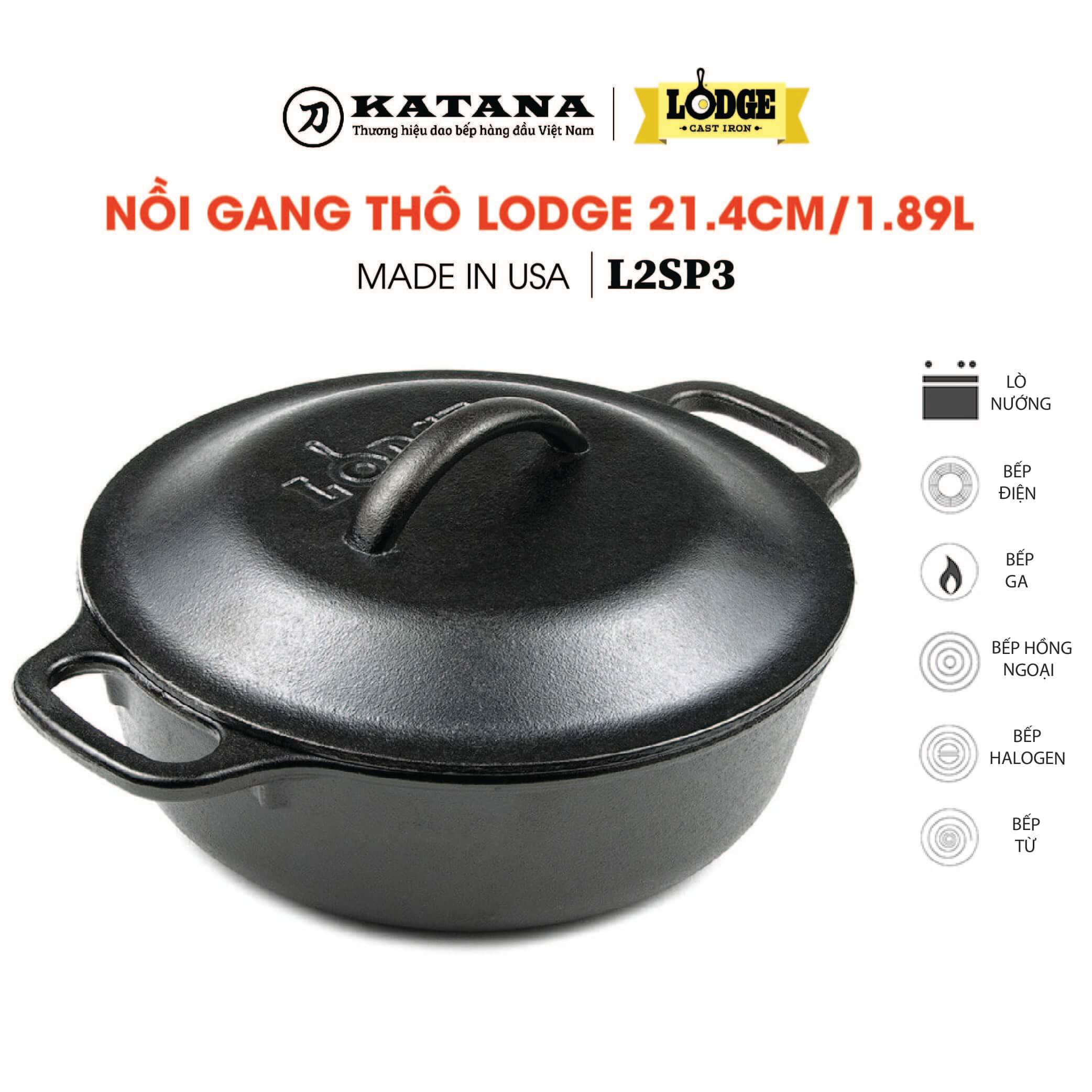 Nồi gang Lodge - Nồi gang đen cao cấp 21.4cm - 1.89L nhập khẩu từ Mỹ, dùng được cả bếp từ, lò nướng - Bảo hành chính hãng