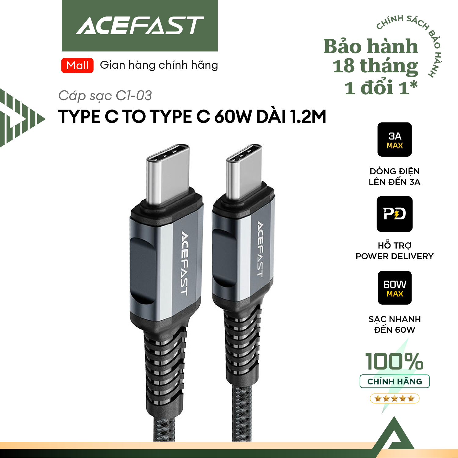 Cáp sạc acefast type c to type c sạc nhanh pd 60w dây bọc dù siêu bền dài 1.2m - c1-03 hàng chính hãng