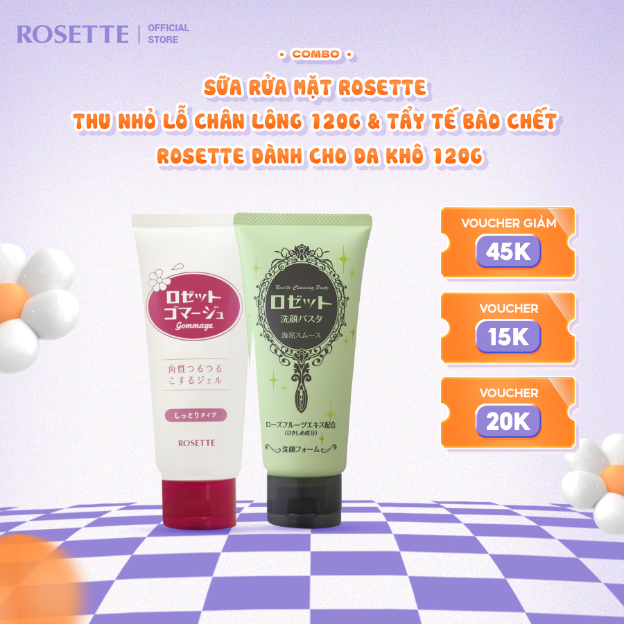 Combo Tẩy Tế Bào Chết Dành Cho Da Khô Rosette Gommage Moist 120g Và Sữa Rửa Mặt Thu Nhỏ Lỗ Chân Lông Rosette 120g
