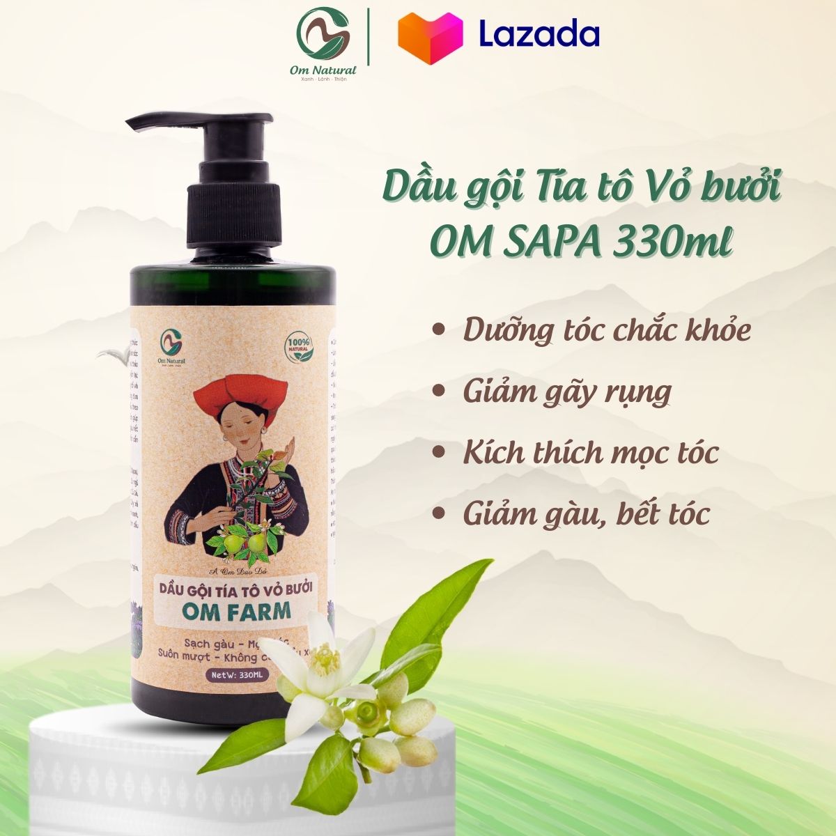 Dầu gội tía tô vỏ bưởi om sapa sạch gàu, mọc tóc 330ml