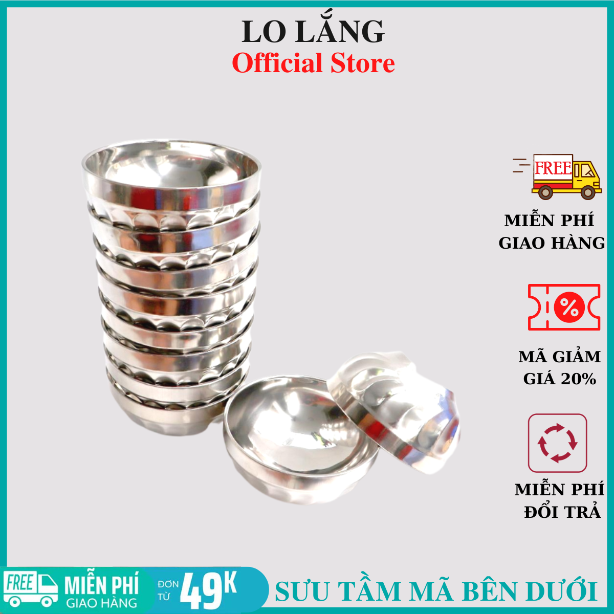 Bộ 10 chén inox Hoàng Gia 2 lớp cách nhiệt sáng bóng cao cấp