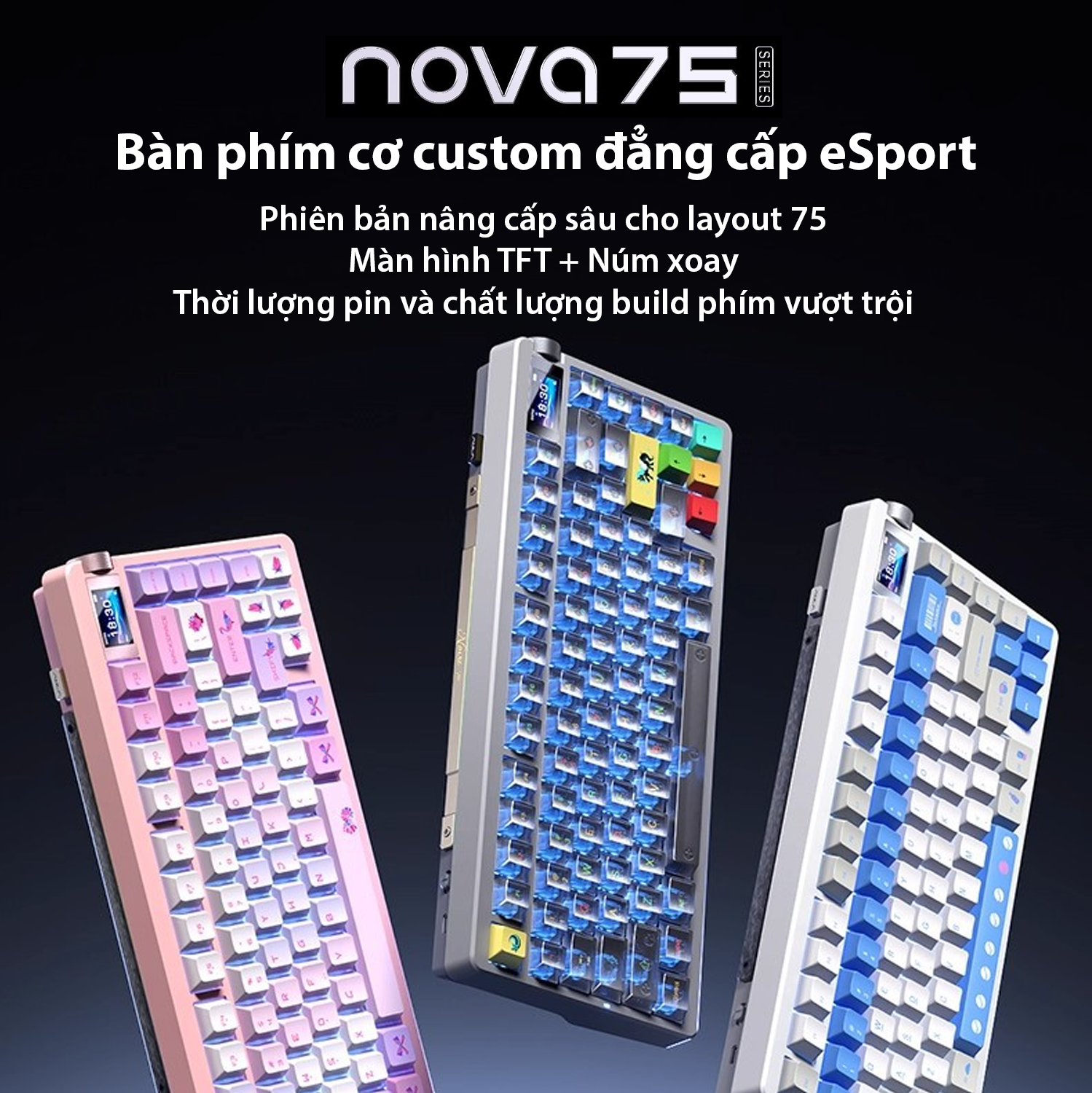 Bàn Phím Cơ AULA NOVA75 - Layout 75 Màn Hình TFT 1.14" và núm xoay kim loại - Chuẩn Thi Đấu eSport - LED RGB 16 triệu màu - BH 12 Tháng