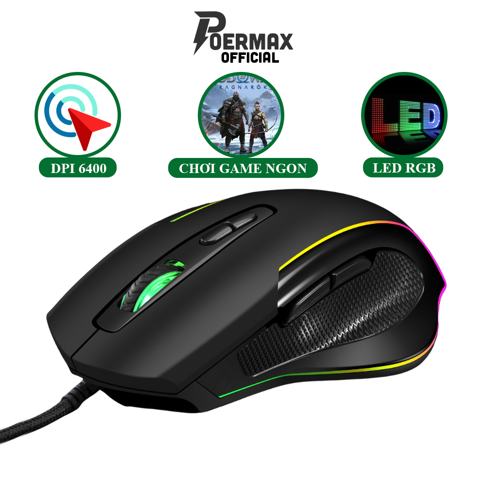 Chuột gaming poermax m30 có dây kết nối usb, 7 nút bấm, dpi 4 mức 1000-1600-3200-6400