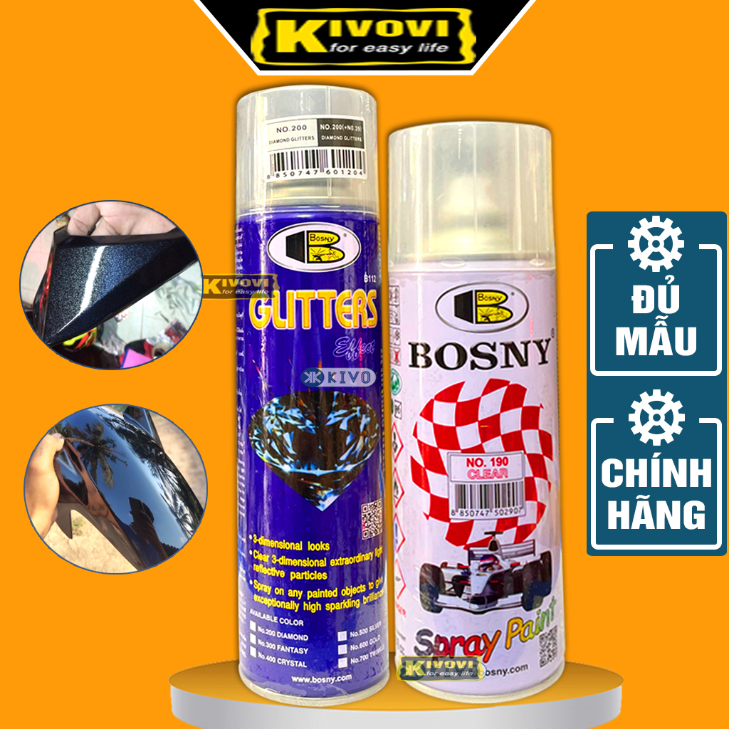 Sơn Phủ Bóng Trong Suốt Bosny CHÍNH HÃNG - Sơn phủ bóng Ôtô, Xe Máy Hiệu Ứng Lấp Lánh - Bình Sơn Xịt Phủ Bóng Xe Máy , Mũ Bảo Hiểm, Xe Đạp Hiệu Ứng Lấp Lánh -  Sơn Phản Quang Kivovi