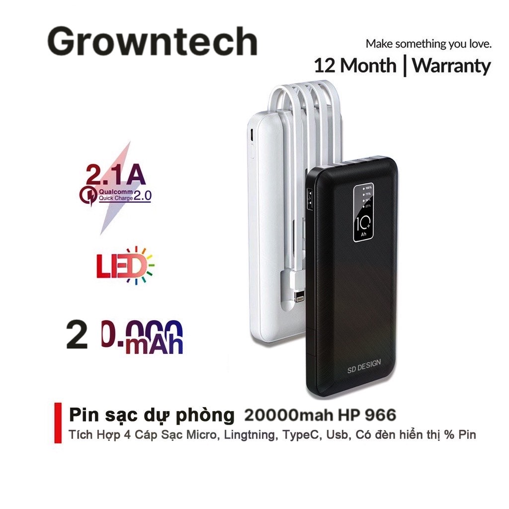 Sạc dự phòng dung lượng pin 20000mah khủng , màn hình đèn báo % pin , thiết kế mini nhỏ gọn , kèm 4 đầu dây sạc n , typec , micro, usb đa năng pin cực trâu bảo hành 2 năm