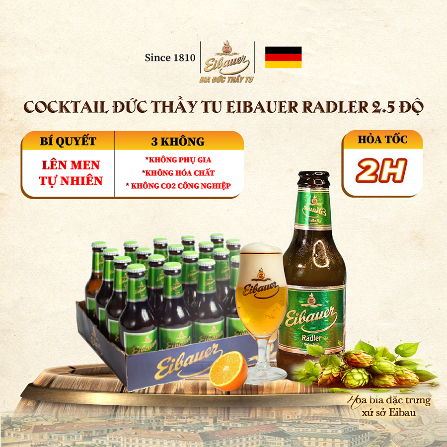 Bia trái cây cocktail eibauer radler naturtrub 2.5 độ - hương vị trái cây ôn đới - nhập khẩu
