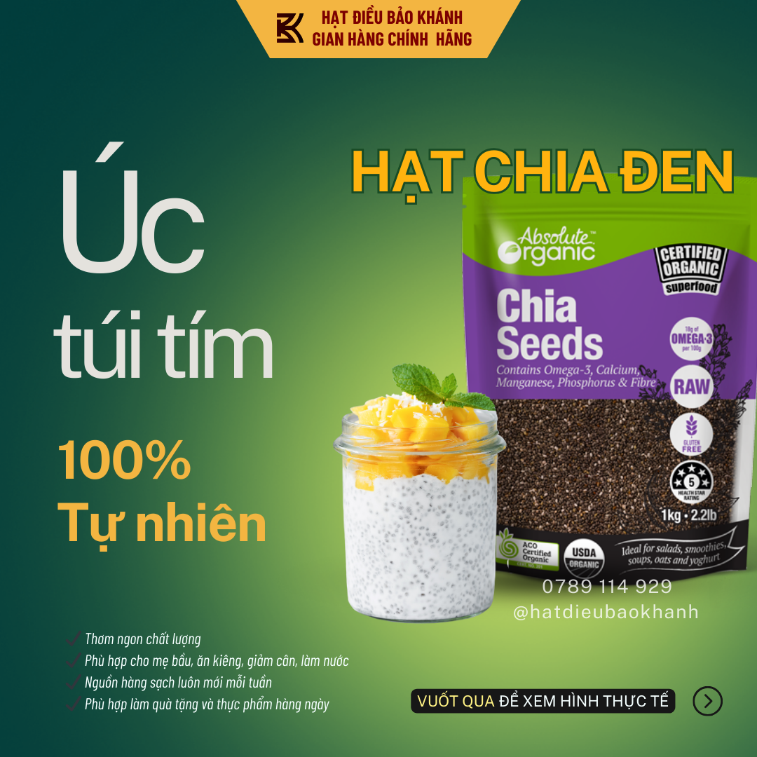 1KG Hạt Chia Nhập Khẩu Úc Túi Tím, Hạt Chia Bảo Khánh Chuẩn Organic Hạt Đều Và Đẹp Dùng Nấu Chè/Nước Mát/Món Tráng Miệng