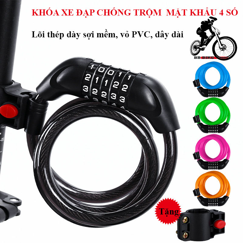 Khóa dây xe đạp thể thao, mật khẩu 4 số, lõi thép, chống trộm, chống cắt, treo cọc yên xe đạp thể thao BB BIKE  - LCK-01