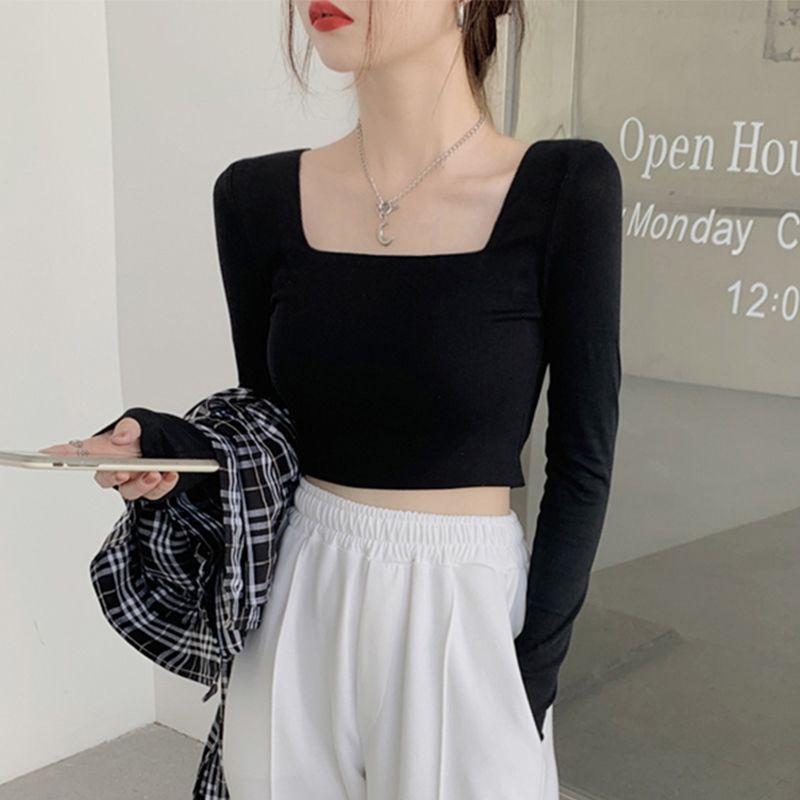 Áo Thun Nữ Cổ Vuông Nỉ Dài Tay Dáng Ngắn Áo Croptop Dài Tay Quảng Châu Cao Cấp Thun Thu Đông Body LIZ-A349.1