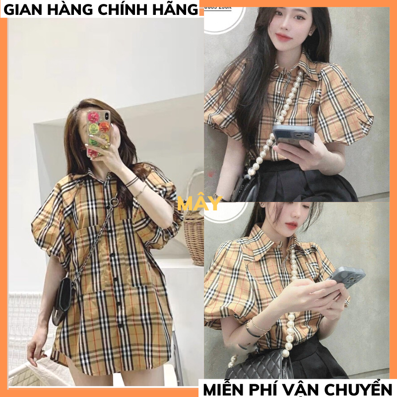 Sơ mi nữ tay ngắn bbr kẻ tay bồng mới nhất 2022 cực sang - áo sơmi nữ - sơmi kẻ cộc tay mây2