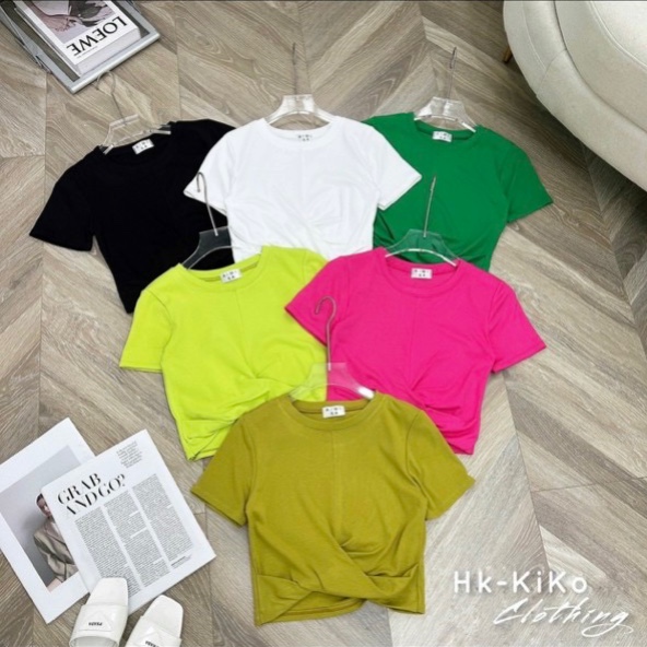 Áo thun gân cổ tròn tay ngắn xoắn bụng ôm body croptop đơn giản, thoải mái dạo phố MC