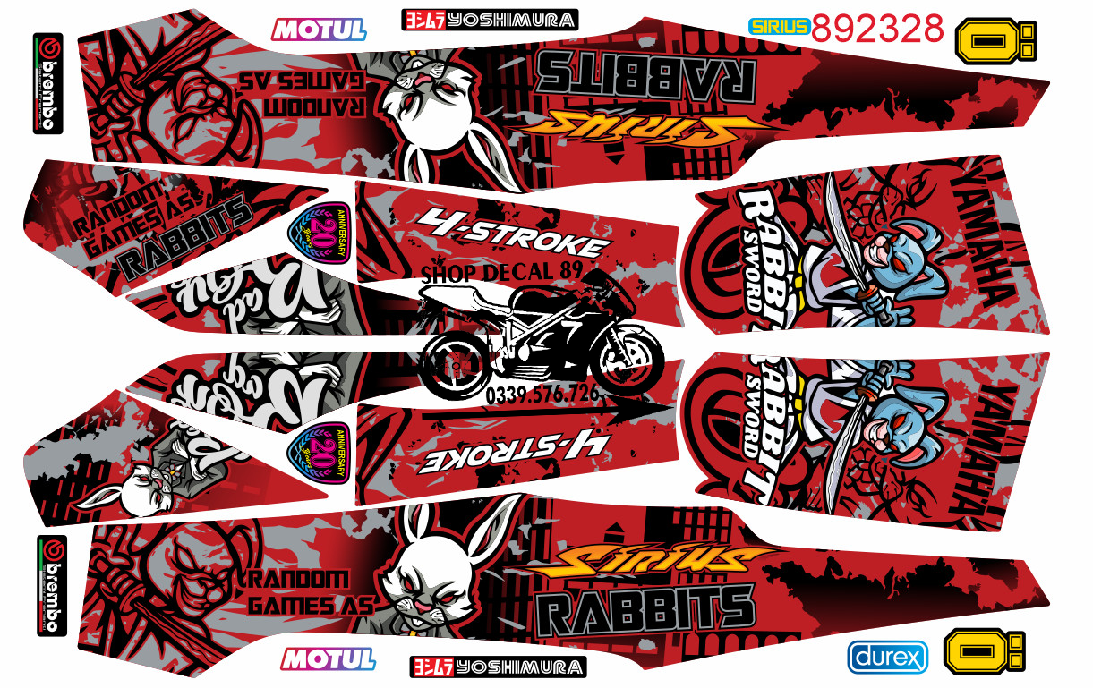 Tem chế Sirius Thỏ Rabbit ĐỎ ĐEN MS 892328 - Tem rời 3 lớp cao cấp - Dán xe sirius xăng cơ