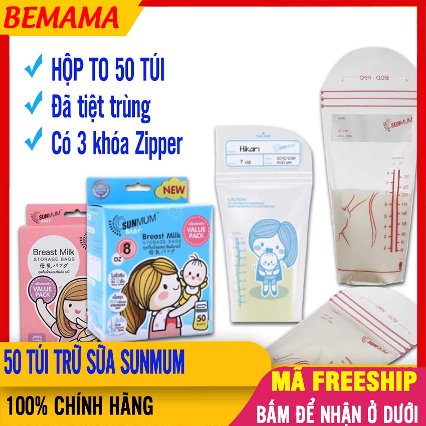 Túi Trữ Sữa Sunmum (HỘP 50 TÚI Loại To 250ml) Dày, Không Mùi Nhựa - Hộp 50 Túi 3 Khóa Zipper Chắc Chắn, Đảm Bảo Vệ Sinh, 2 Lớp Chất Liệu An Toàn- Túi Đựng Sữa Mẹ Tiện Lợi - Túi Trữ Sữa Sunmum 50 Túi - 8850257320282