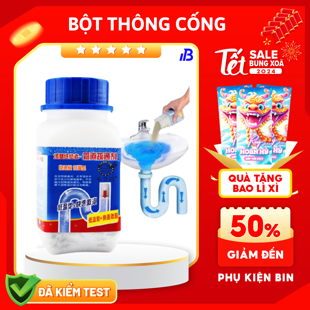 Bột Thông Cống, Bồn Cầu Cực Mạnh Siêu Thần Thánh 268G Thế Hệ Mới, Chai Bột Thông Cống
