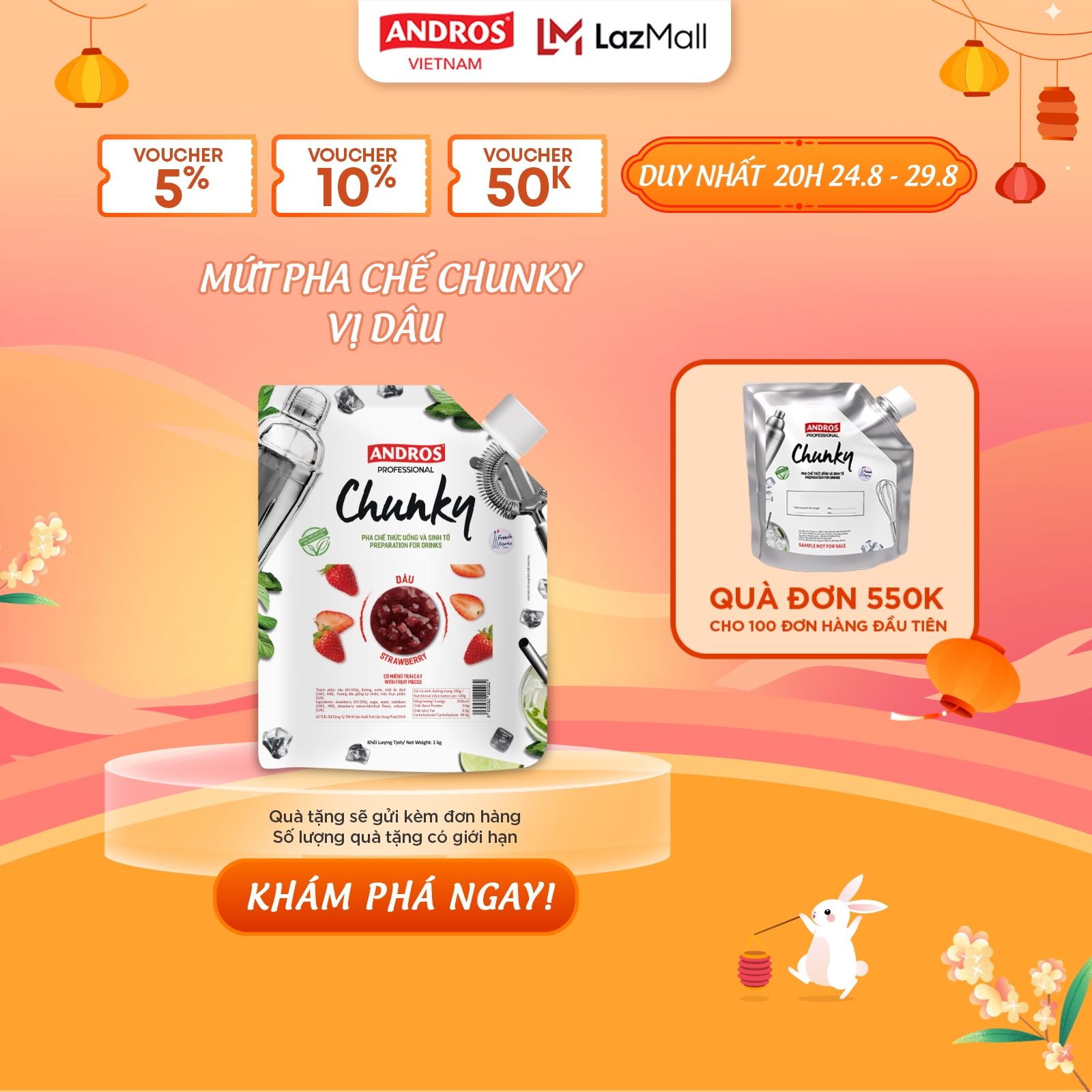 Mứt Trái Cây Pha Chế Dâu - Có miếng trái cây thật - Nguyên liệu pha chế - ANDROS CHUNKY - 1kg