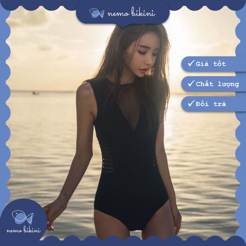Bikini đi biển, đồ bơi nữ sát nách 1 mảnh liền thân tôn dáng đen lưới Nemo Bikini - B9